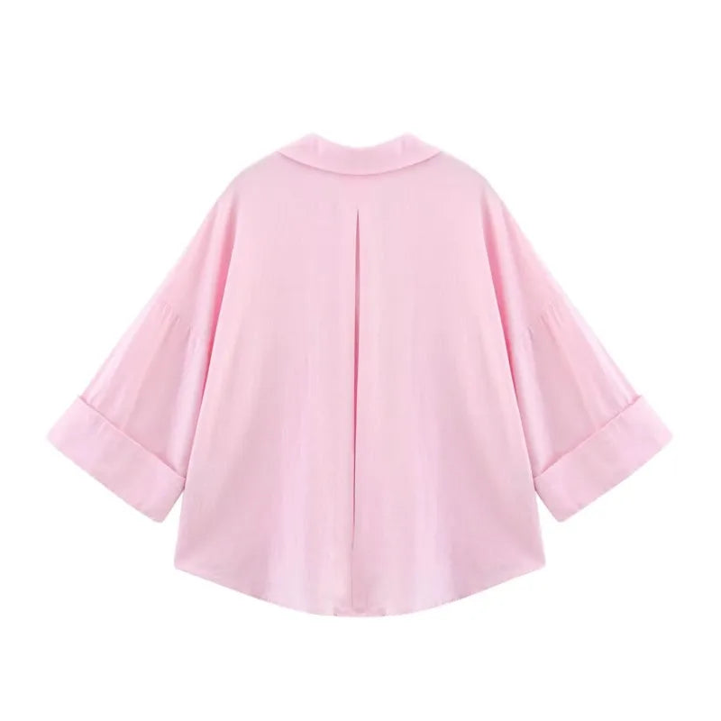 HipSeam Wide Sleeved Shirt Women Spring Asymmetric Hem Button Women's Shirts Simple Lady Johnny Collar Shirts & Blouses