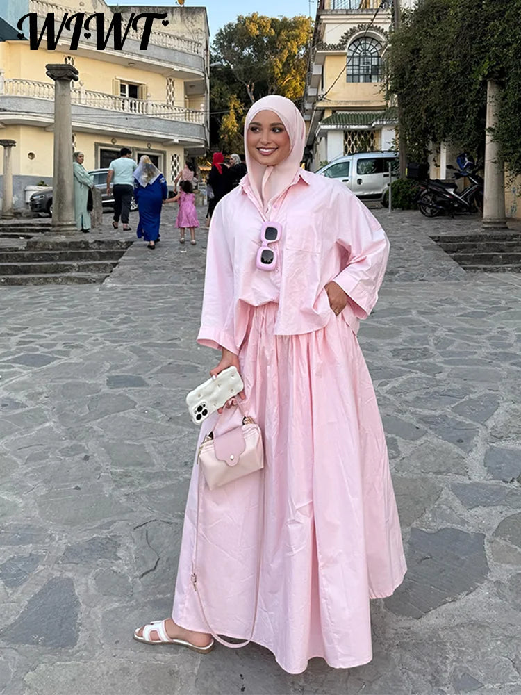 Solid Lapel Single-breasted Shirt Skirts Suit Women's Pink Turn-down Collar Full Sleeve Blouses Loose Long Skirt 2026 Spring Set
