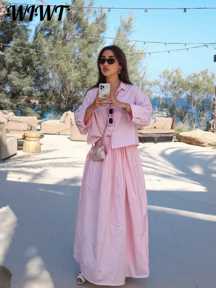 Solid Lapel Single-breasted Shirt Skirts Suit Women's Pink Turn-down Collar Full Sleeve Blouses Loose Long Skirt 2026 Spring Set