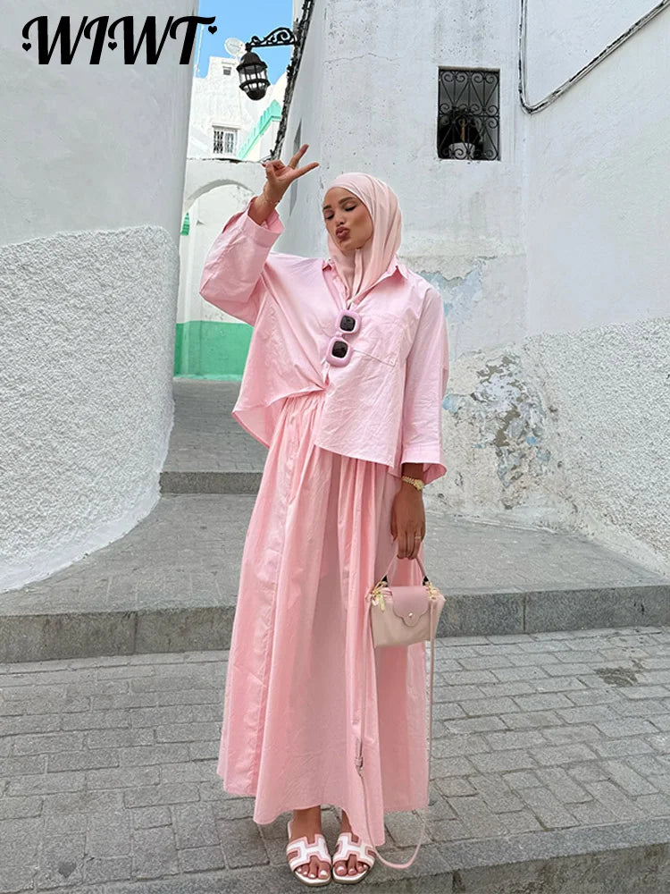 Solid Lapel Single-breasted Shirt Skirts Suit Women's Pink Turn-down Collar Full Sleeve Blouses Loose Long Skirt 2026 Spring Set