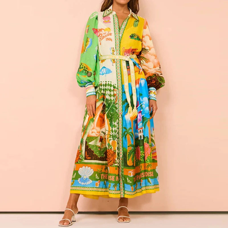 2026Spring new women's clothing European and American cross-border dresses Casual Lantern Sleeve Belted Printed Cardigan Dress